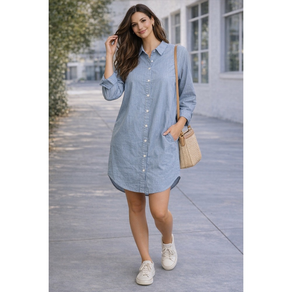 Who What Wear Shirt Dress Womens M Blue Chambray Button Front Tie Back Pockets